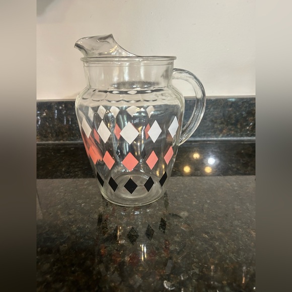 Vintage MCM Harlequin Diamond Pitcher & 7 Glasses Set – Pink, Black & White - Picture 1 of 10